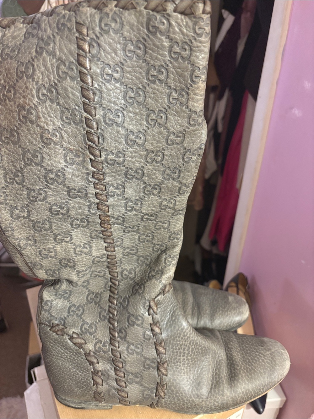 Gucci Gray GG Monogram Leather Boots with Braided Trim